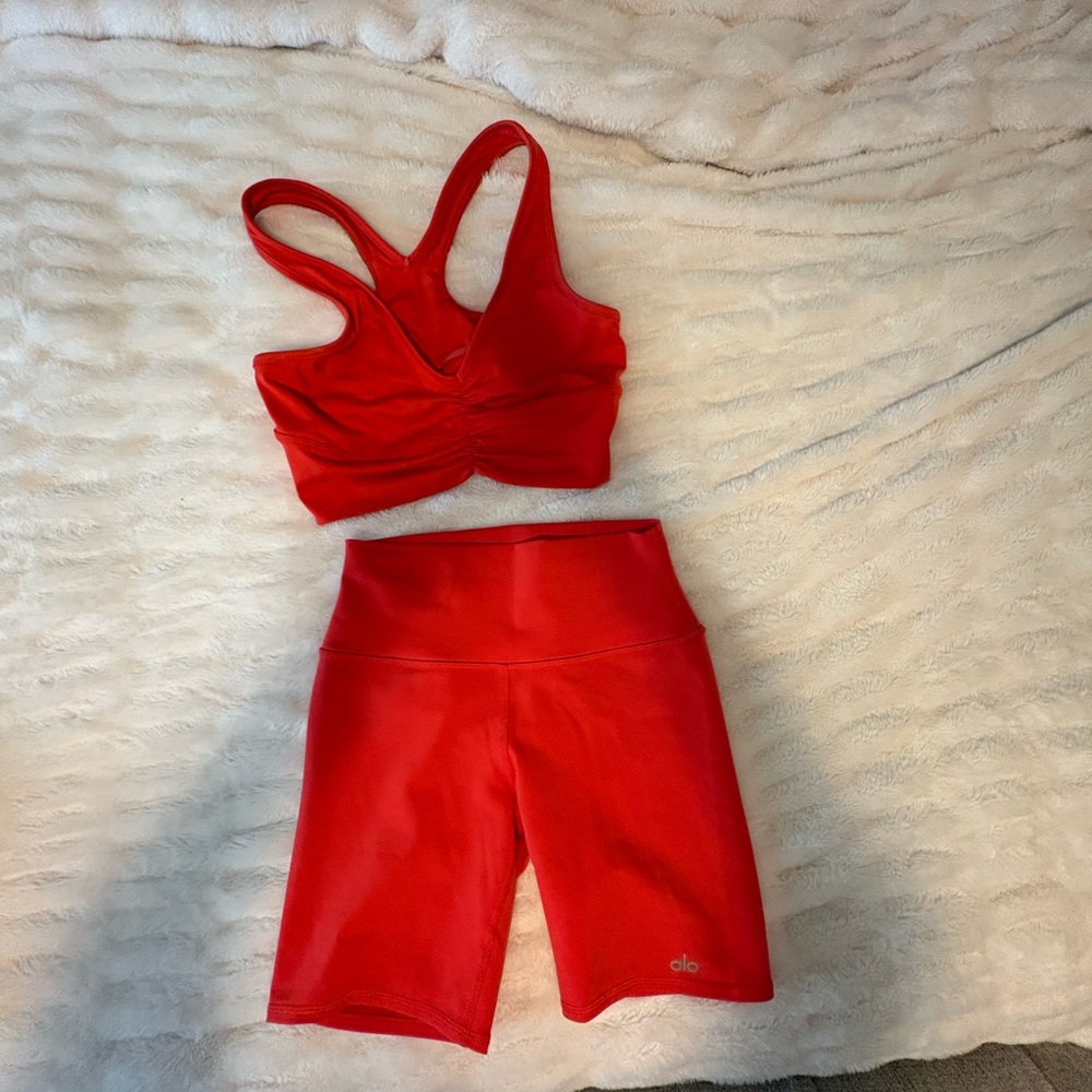 ALO Yoga Red Athletic Shorts and Crop Top Set